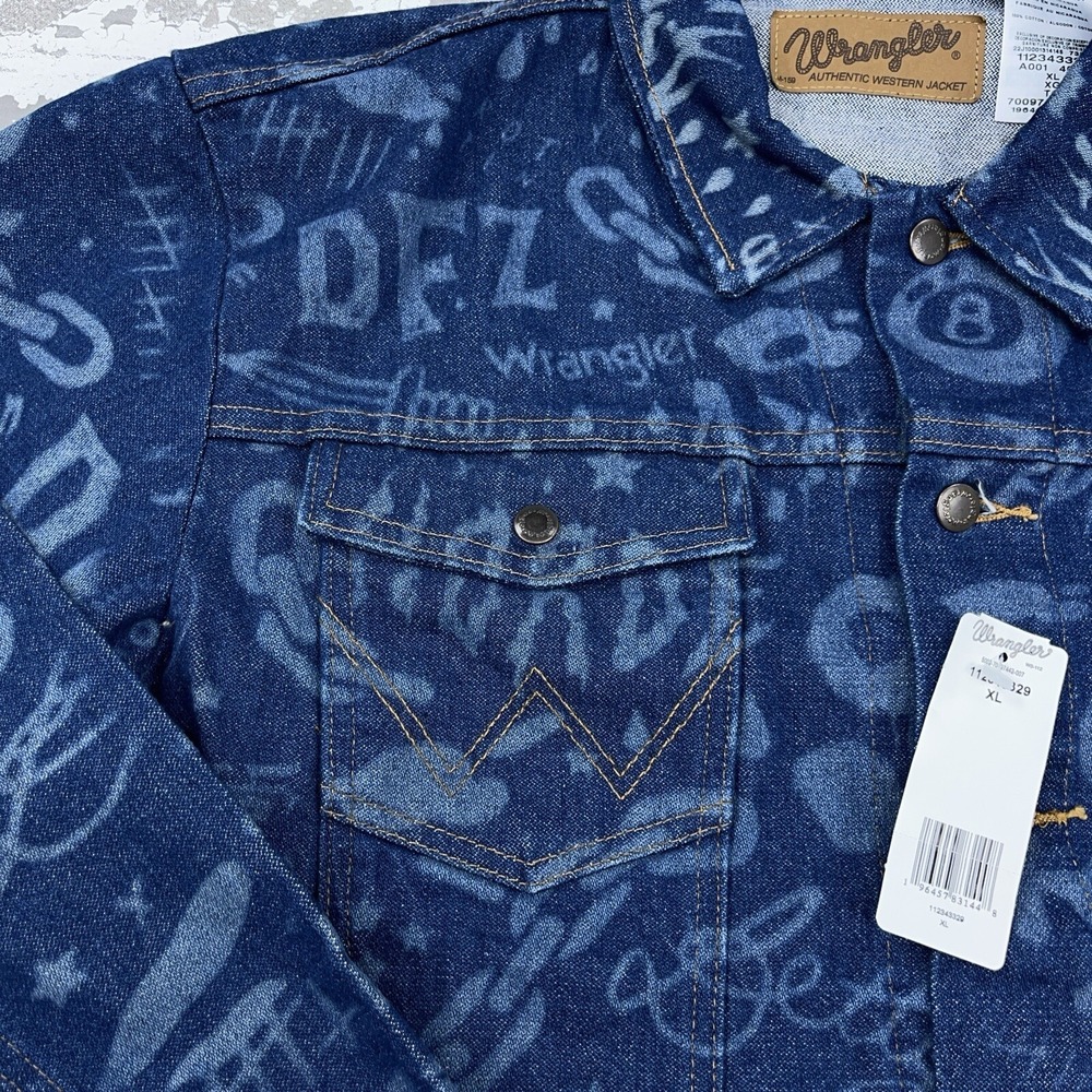 Wrangler Jacket Men XL Blue Denim Jean Deadfellaz AOP All Over Western Cowboy - Picture 7 of 14